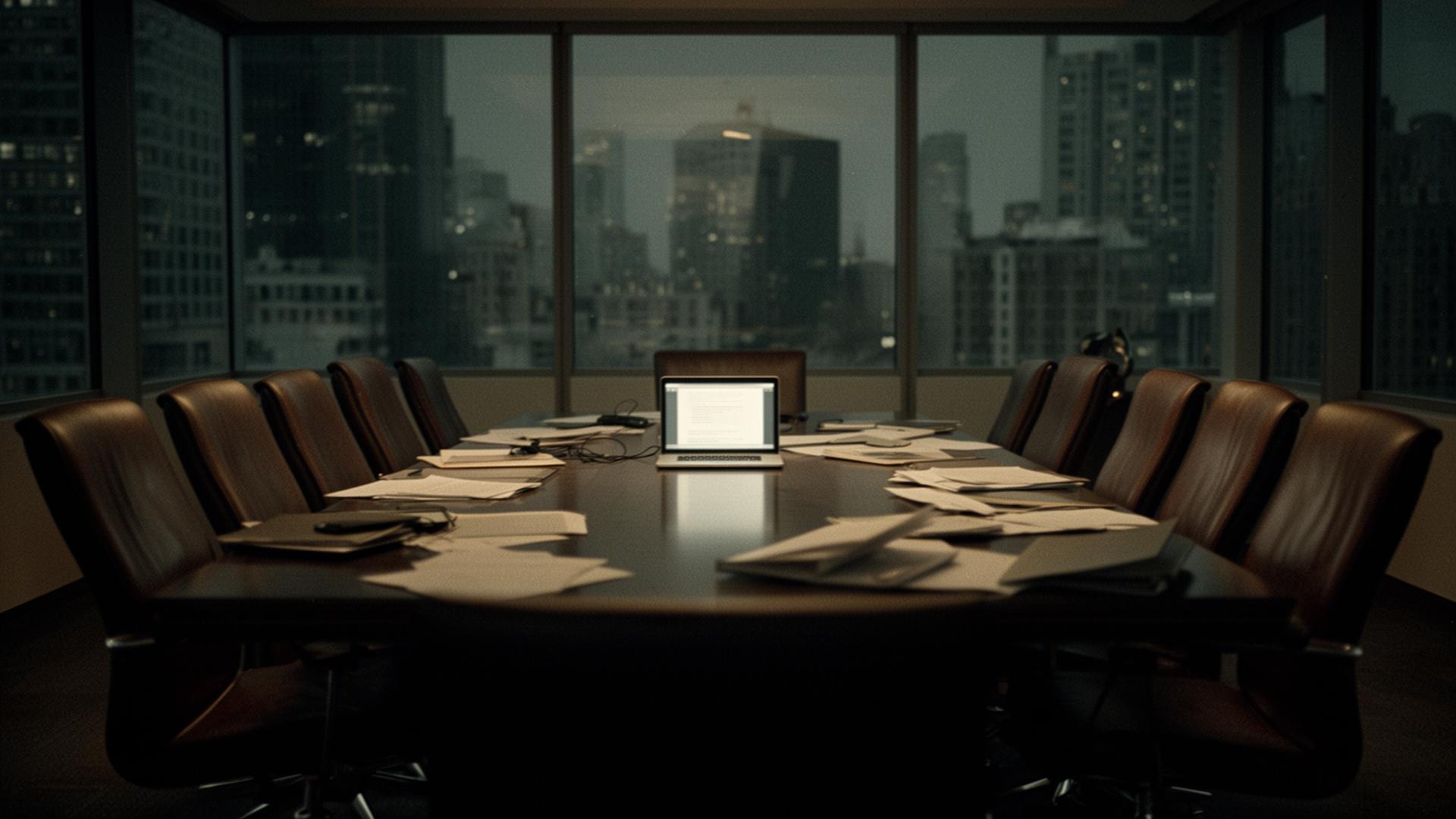 An empty boardroom at night during an active incident response